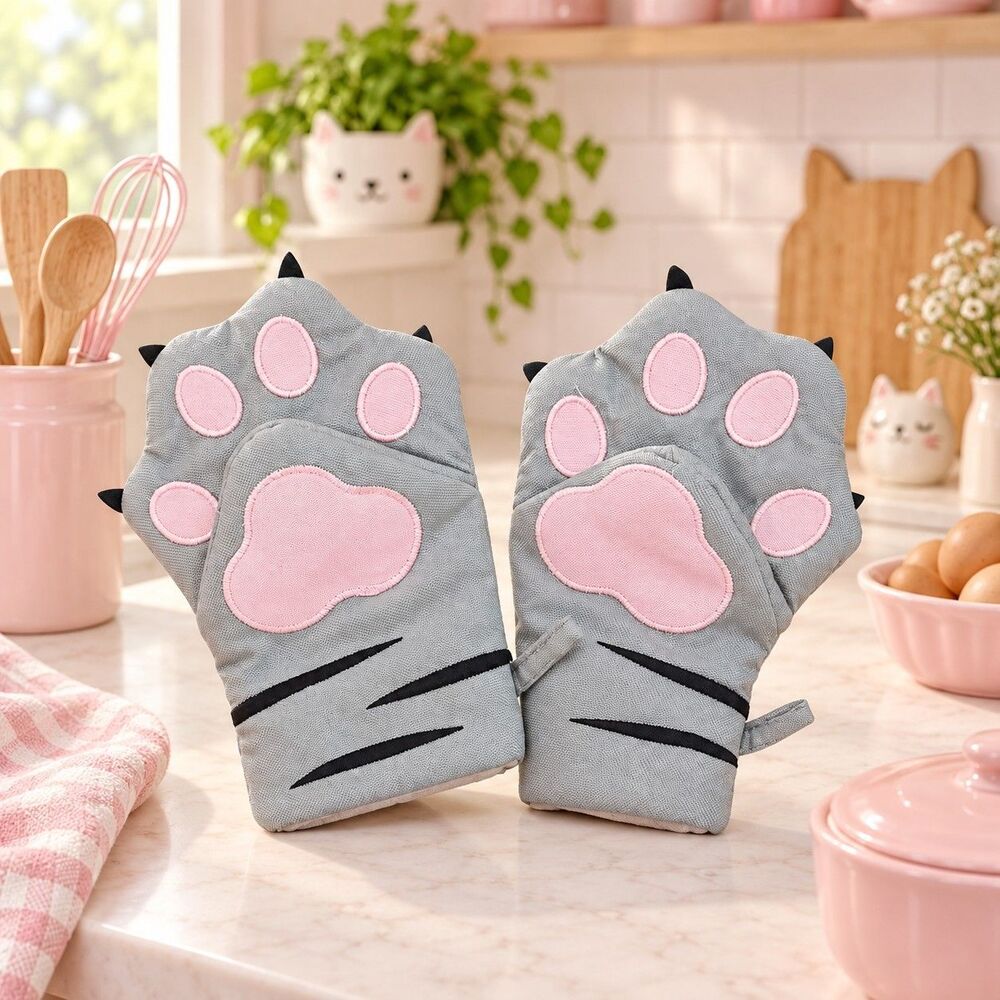 Cat Paw Oven Mitts Set of 2 Gray Pink Claws Whiskers New